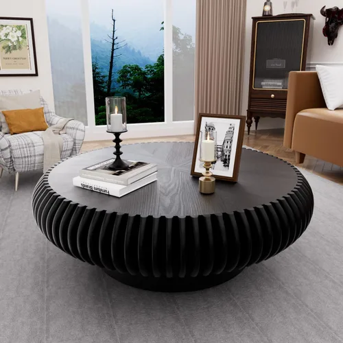 Vista 11 de Mesa de centro de tambor de 31.5 pulgadas, moderna y única, mesa de té acanalada, mesa de centro redonda de madera contemporánea con mesa central