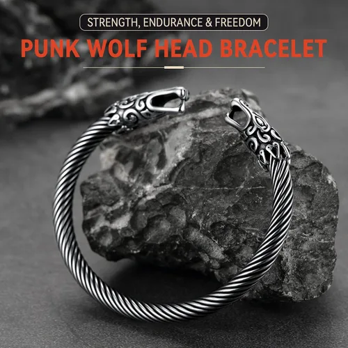 Vista 3 de FaithHeart Brazalete vikingo para hombres y mujeres, brazalete de acero inoxidable con diseño de alambre punk cuervolobodragón