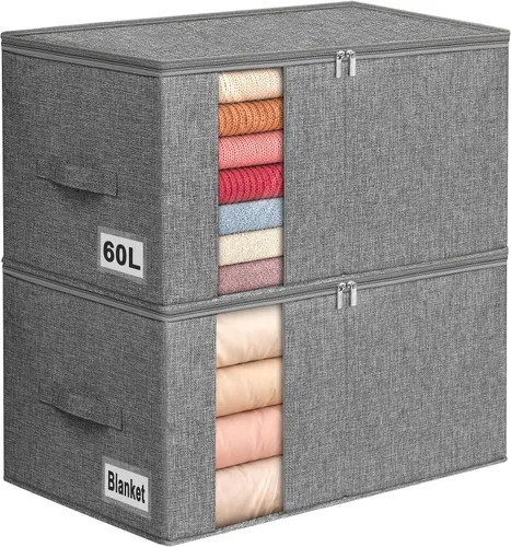 Vista 8 de 60L - Bolsa de almacenamiento para edredón, contenedor de almacenamiento para mantas con construcción resistente, con asas duraderas, caja