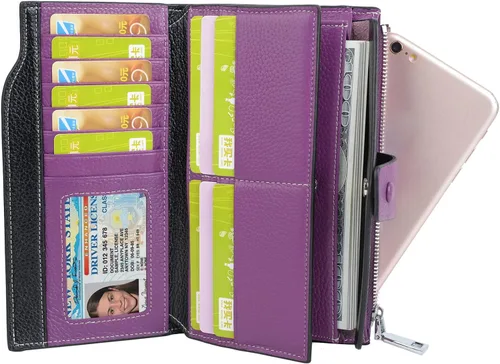 Vista 6 de YALUXE Cartera de piel auténtica para mujer, con bloqueo RFID, tarjetero múltiple con bolsillo para teléfono celular