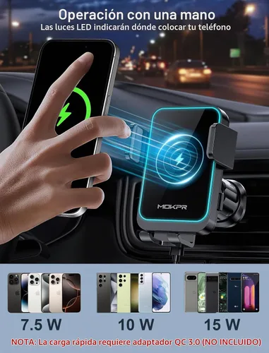 Vista 3 de Cargador de Coche Inalámbrico, MOKPR Carga Rápida de 15W con Abrazadera Automática para Ranura de Ventilación Soporte de Teléfono para Coche con Luz