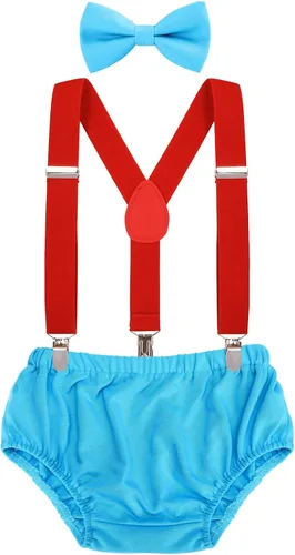 Vista 13 de AWAYTR Conjunto de bombones para bebé niño con tirantes y pajarita para fiesta de primer cumpleaños Beige