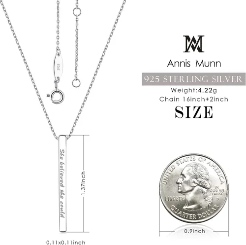 Vista 3 de Collar de barra de plata de ley 925 para mujer, joyería grabada con texto en inglés "She Believed She Could So She Did", cumpleaños, San Valentín