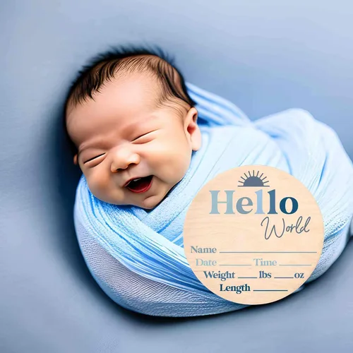 Vista 6 de Letrero de recién nacido "Hello World" - Placa de anuncio de nacimiento con nombre de bebé para hospital - Accesorio para fotos - Decoración