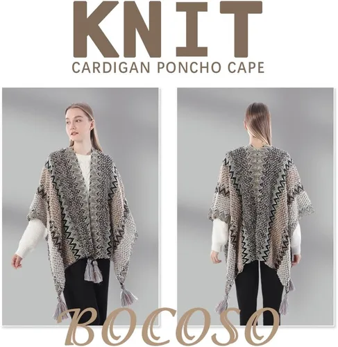 Vista 3 de Capa tipo poncho de punto para mujer, cárdigan de punto con flecos para otoño e invierno
