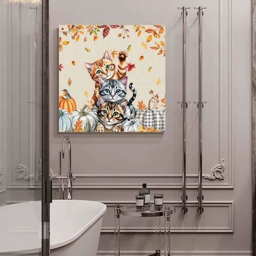 Vista 5 de Chucoco Otoño Granja Gato Cuadrado Pinturas al óleo sobre lienzo Arte de pared de Acción de Gracias Animales Imágenes Impreso Obras de Arte