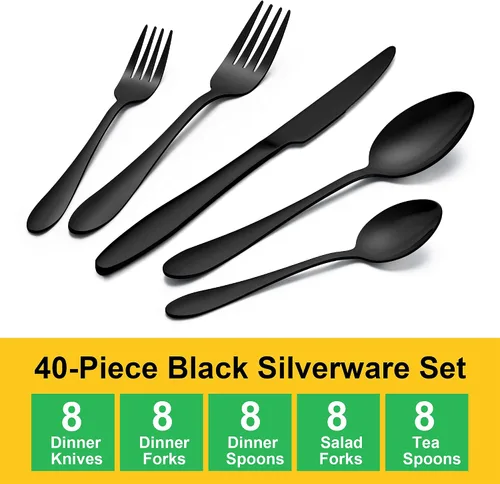 Vista 2 de LIANYU Juego de cubiertos negros de 40 piezas para 8, cubiertos de acero inoxidable, utensilios de cocina que incluyen tenedores, cuchillos