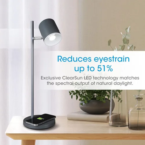 Vista 3 de OttLite Good Housekeeping - Lámpara de escritorio LED moderna, carga inalámbrica, color gris Los LED ClearSun reducen la fatiga ocular Regulable
