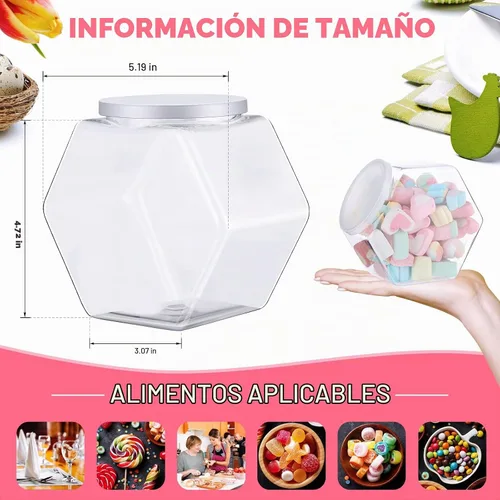 Vista 2 de Yahenda 8 tarros hexagonales de plástico para galletas con tapas herméticas, tarros transparentes para dulces, boca ancha y redonda