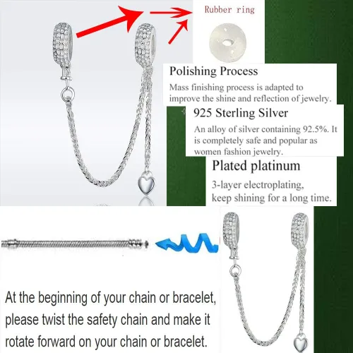 Vista 8 de ABAOLA - Dije con cadena de seguridad, con corazón de plata de ley 925, compatible con pulseras y collares Pandora