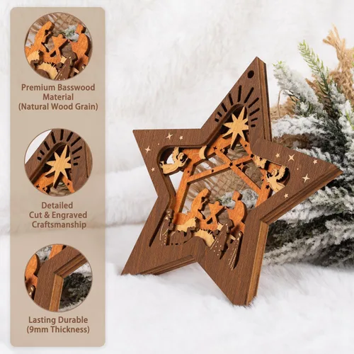 Vista 3 de Creawoo Adornos de belén, adorno colgante de madera de Navidad en forma de estrella, recuerdo de belén para árbol de Navidad, decoración
