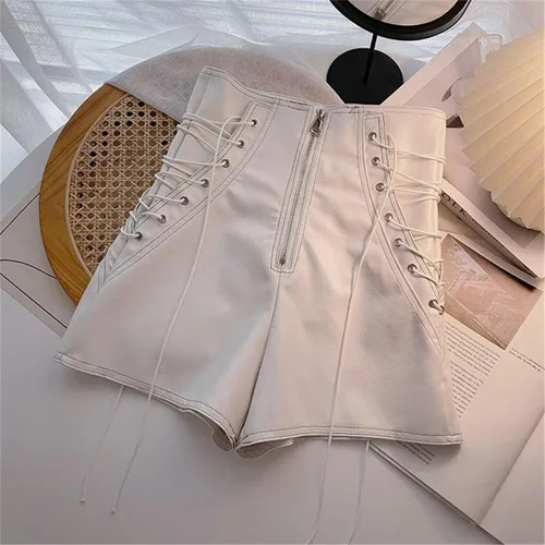Vista 3 de Primavera Otoño Moda Una Línea PU Pantalones Cortos Mujer Slim Tie Pantalones Cortos De Cuero Todo Partido De Cintura Alta Pierna Ancha Pantalones