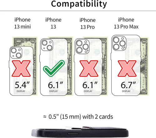 Vista 2 de Dockem Funda de piel auténtica para iPhone 13 con placa de metal integrada para montaje magnético, cartera cosida con 2 soportes para tarjetas