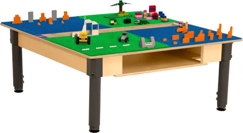 Vista 2 de Time-2-Play - Mesa de actividades cuadrada 2 en 1 Montessori para niños de 35 pulgadas de ancho, color azul y verde, con canal y estante para niños