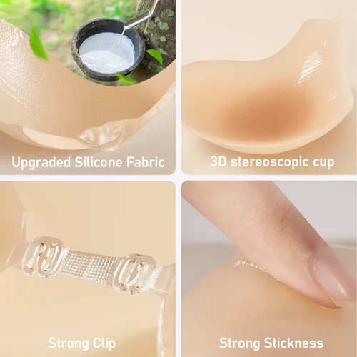 Vista 4 de Sujetador adhesivo Push Up Lift adhesivo sin tirantes, invisible, reutilizable, silicona fuerte adherencia, V profundo para mujeres y niñas, Desnudo