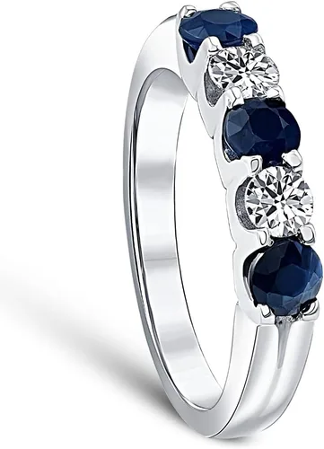 Vista 3 de Anillo de aniversario de bodas de cinco piedras con diamantes de zafiro azul de 1 qt en oro blanco de 14 quilates