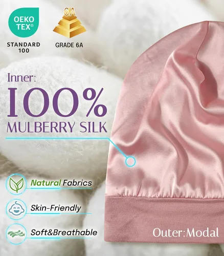 Vista 2 de OLESILK Gorro de Seda para Bebé de 0-6 Meses - Gorro de Cabello para Niños Pequeños de Seda de Morera 100%, Gorro de Noche Ajustable para Dormir