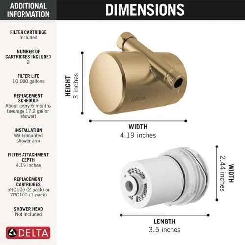 Vista 7 de Delta Grifo Clarifi Accesorio de filtro de ducha estándar dorado con cartucho de filtro adicional