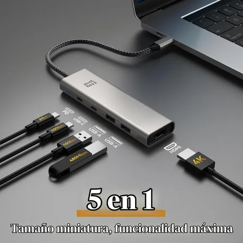 Vista 2 de Minthouz USB C Hub 5 en 1, 4K a 60Hz Pantalla HDMI 125W PD Datos USB-C y USB-A de 10 Gbps, adaptador multipuerto para Mac Book Pro/Air, iPad Pro