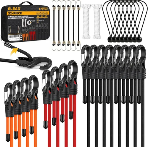 Vista 20 de Rollo de cuerda elástica con 40 ganchos ajustables, cuerdas elásticas resistentes de 1/3 pulgadas x 65 pies, cuerda elástica negra de grado marino
