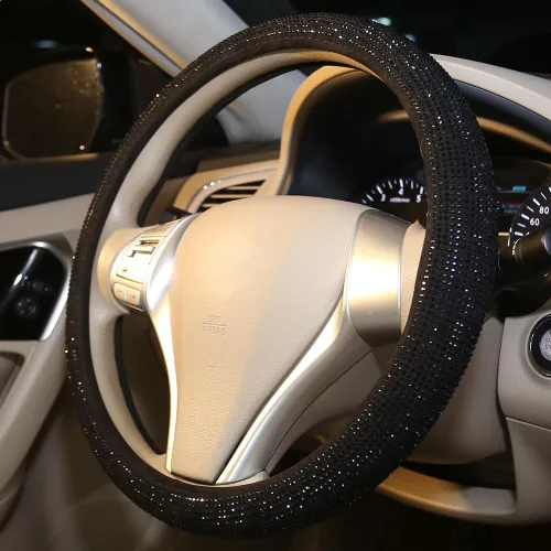 Vista 3 de Funda para volante de coche con brillantes Carwales para mujeres y niñas, accesorios de coche negros con cristal de diamante de 15 pulgadas