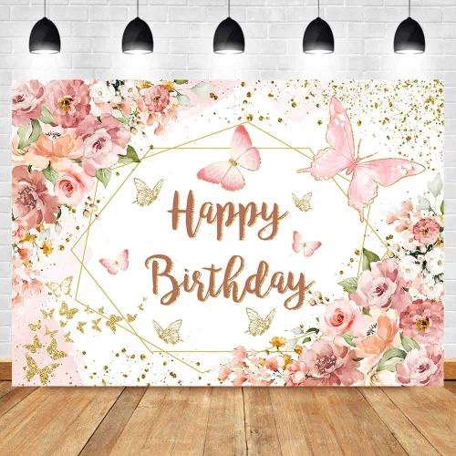 Vista 4 de Sensfun Telón de fondo floral de feliz cumpleaños para mujeres y niñas, mariposa rosa, fiesta de cumpleaños, fondo de fotografía, flores