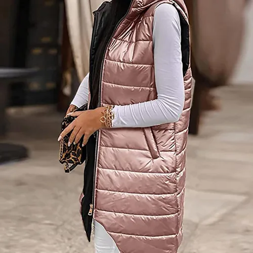 Vista 2 de Abrigos de invierno para mujer con capucha y cremallera completa, ropa de abrigo cálida, chaleco acolchado, sin mangas, chaleco de burbujas cálido