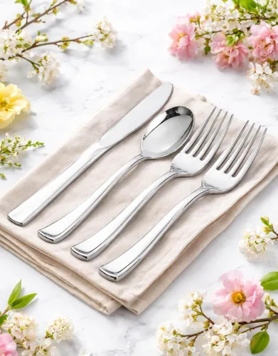 Vista 4 de Perfect Settings - Juego de 300 utensilios de plástico plateado, cubiertos desechables elegantes y resistentes Tenedores de cubiertos con acabado
