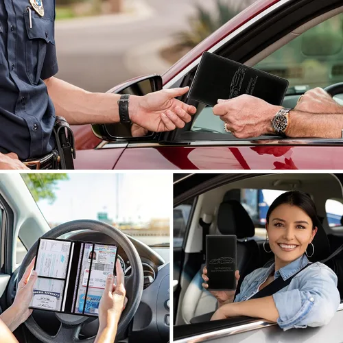 Vista 2 de Soporte para Tarjetas de Registro y Seguro de Coche para Hombres y Mujeres, Organizador de Guantera Negro con Hebilla Magnética para Fácil Acceso