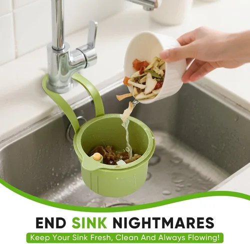 Vista 3 de Colador colgante de residuos de alimentos para fregadero, cesta coladora de fregadero con descarga de prensa, diseño autolimpiante, colador de Verde