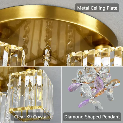 Vista 6 de Lámpara de techo semiempotrada, 3 lámparas cerca del techo para cocina, entrada, dormitorio, baño, vestíbulo, moderno, cristal dorado, lámpara