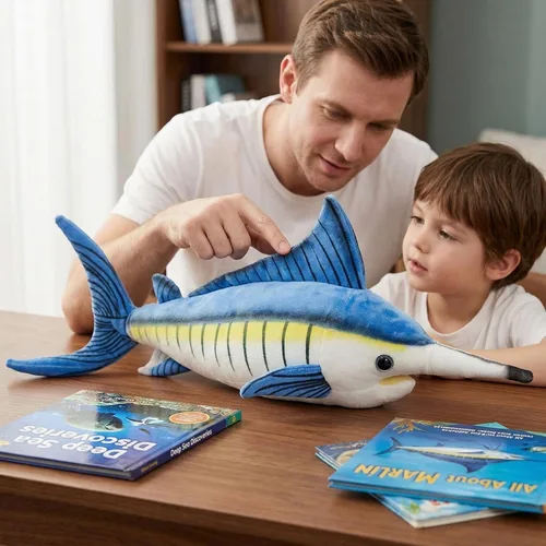 Vista 3 de Juguete de peluche de pez Marlin de simulación, animales realistas de 18.5 pulgadas, animales de peluche azul Marlin, muñecas de felpa súper suaves