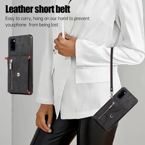 Vista 6 de Funda de teléfono para Samsung Galaxy Note 20 5G con protector de pantalla de vidrio templado, correa cruzada para muñeca, soporte para tarjeta