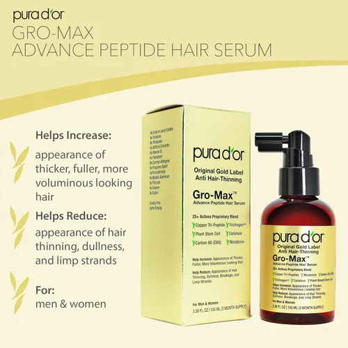 Vista 3 de PURA D'OR Suero para el cabello Gro-Max Advanced Peptide de 3.38 oz (nueva fórmula) Célula de tallo vegetal, catalasa, triple péptido de cobre, C60