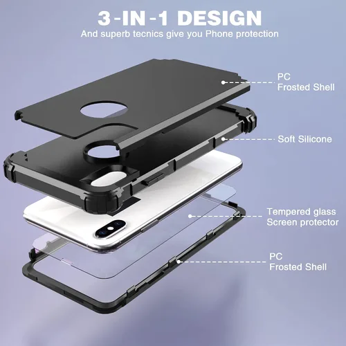 Vista 8 de IDweel Funda para iPhone Xs Max con protector de pantalla de vidrio templado, absorción de golpes 3 en 1, protección resistente, cubierta de Negro