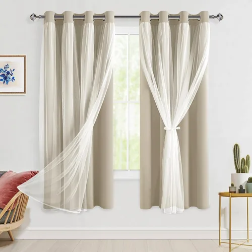 Vista 88 de Hiasan Cortinas opacas con superposición transparente, aislamiento térmico para mezclar y combinar de doble capa, cortinas de oscurecimiento de Beige