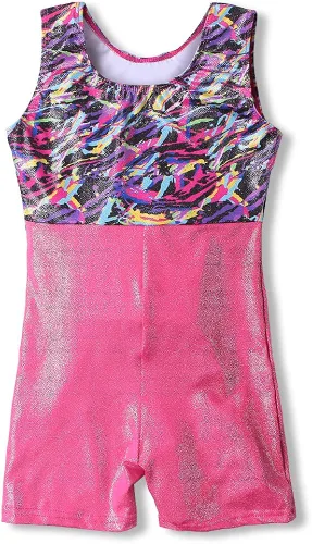 Vista 2 de HOZIY Leotardos de gimnasia para niñas y niños, cinta de copo de nieve, azul, morado, rosa intenso brillante, Rosa encendido