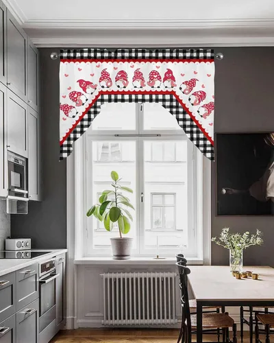 Vista 4 de Cortinas de Gnomos de San Valentín con Cenefa para Cocina, Cortinas con Bolsillo para Barra para Dormitorio, Sala de Estar, Baño, Cafetería, Negro