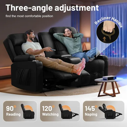 Vista 3 de Sofá reclinable de dos plazas, asientos de cine en casa, sofá reclinable con USB, consola central, sillón reclinable de pared para caravana