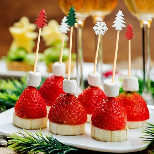 Vista 6 de 100 palillos de cóctel de árbol de Navidad con copos de nieve de 4.7 pulgadas de largo, palillos de frutas, sándwich de aperitivo, brochetas