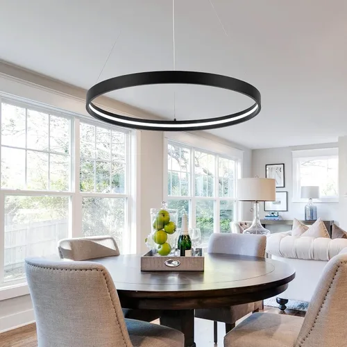 Vista 2 de Lámparas de araña LED modernas en negro, lámparas de araña LED contemporáneas regulables de 1 anillo, lámpara colgante LED moderna para sala