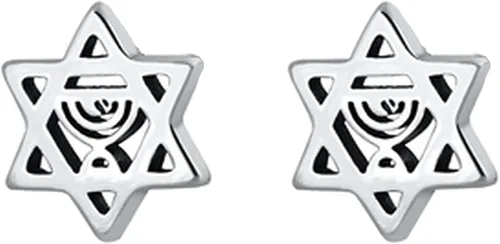 Vista 3 de Aretes de plata de ley 925 con diseño de estrella de David Menorah, Plata, No es una piedra preciosa