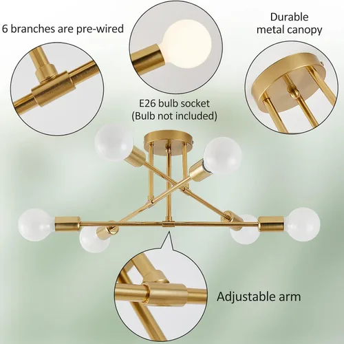 Vista 3 de Lámpara de Techo de Montaje Semiempotrado, Lámpara de Techo Moderna Sputnik de 6 Luces con Base de Bombilla E26, Accesorios de Iluminación de Techo