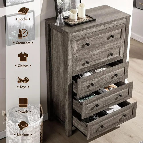 Vista 6 de VanAcc - Cómoda de granja de 5 cajones, cómoda para dormitorio, color gris Cómoda de madera natural de 47 pulgadas de alto, amplio almacenamiento