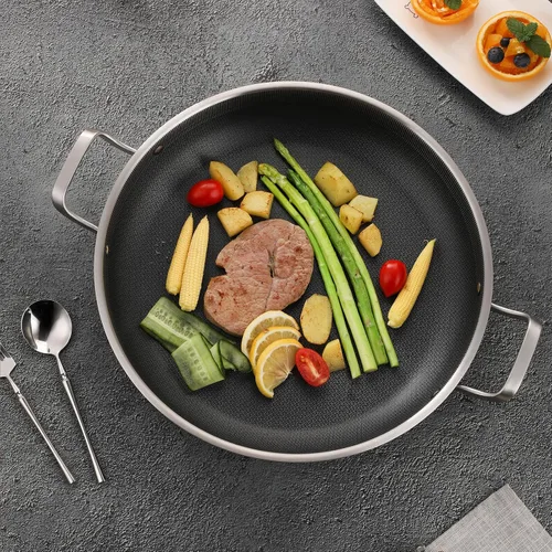 Vista 8 de Yeksum - Sartén de acero inoxidable de tres capas para paella, sartén grande con tapa (acero inoxidable híbrido, 12 pulgadas)