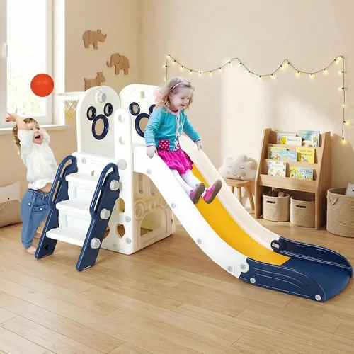 Vista 9 de Arlopu Juego de tobogán 6 en 1 para niños pequeños, tobogán resistente para niños con aro de baloncesto y telescopio, pasos antideslizantes, juego