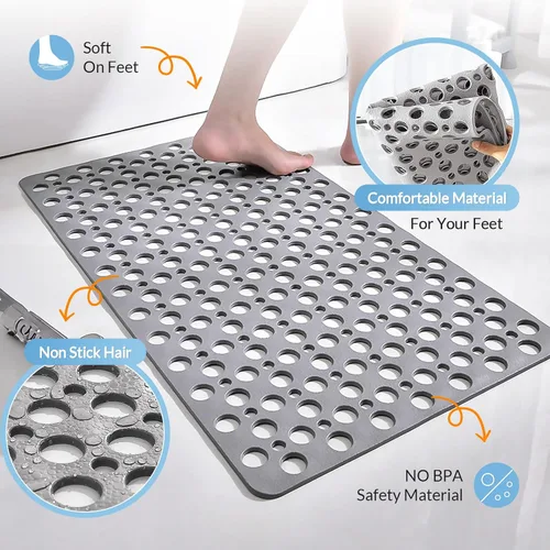 Vista 5 de Tapete antideslizante para bañera y ducha, 30 x 17 pulgadas, tapete de baño suave con ventosas y agujeros de drenaje más grandes, lavable a máquina