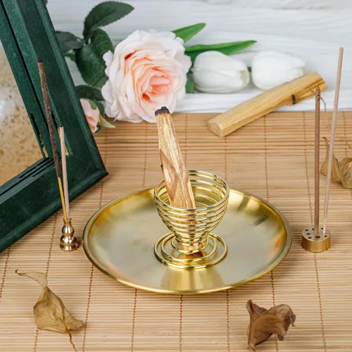 Vista 7 de ZenBless Quemador de incienso 5 en 1, soporte para palo, soporte para salvia, soporte de incienso para varillas de incienso, bobina, conos de Dorado