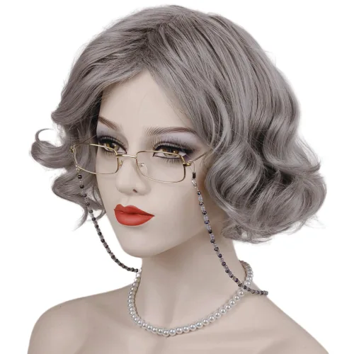 Vista 2 de Juego de peluca y accesorios de abuelita de anciana, peluca corta gris para disfraz de abuela de Halloween