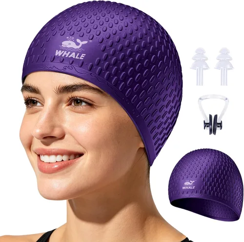 Vista 11 de Whlae Gorro de natación extra grande, con una correa de silicona duradera y diseño de oreja impermeable, adecuado para cabello largo, cabello rizado